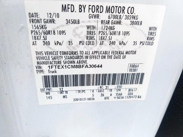 1FTEX1CM8BFA30644 - 2011 FORD F150 SUPER CAB  photo 10