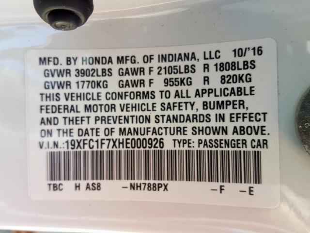 19XFC1F7XHE000926 - 2017 HONDA CIVIC EXL  照片 10