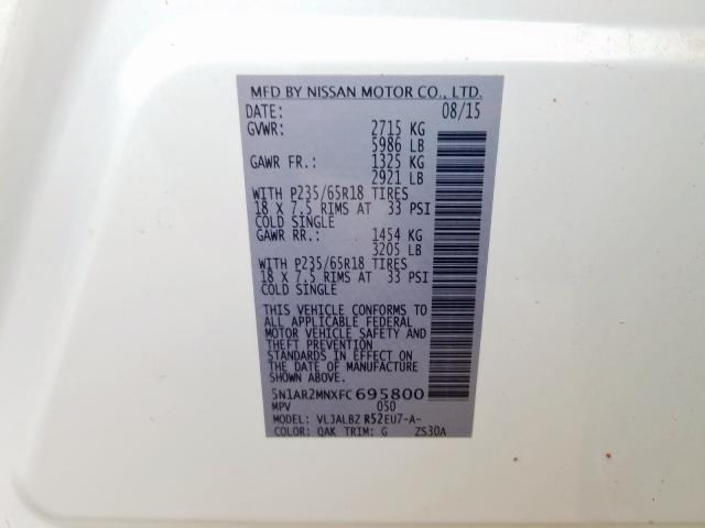 5N1AR2MNXFC695800 - 2015 NISSAN PATHFINDER S  照片 10