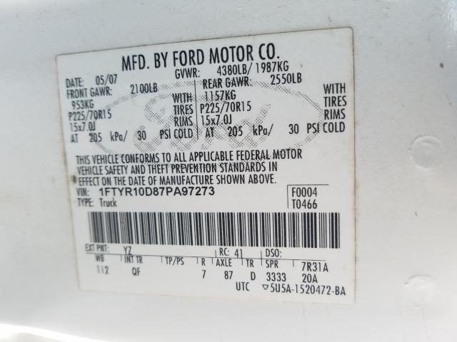 1FTYR10D87PA97273 - 2007 FORD RANGER WHITE photo 10