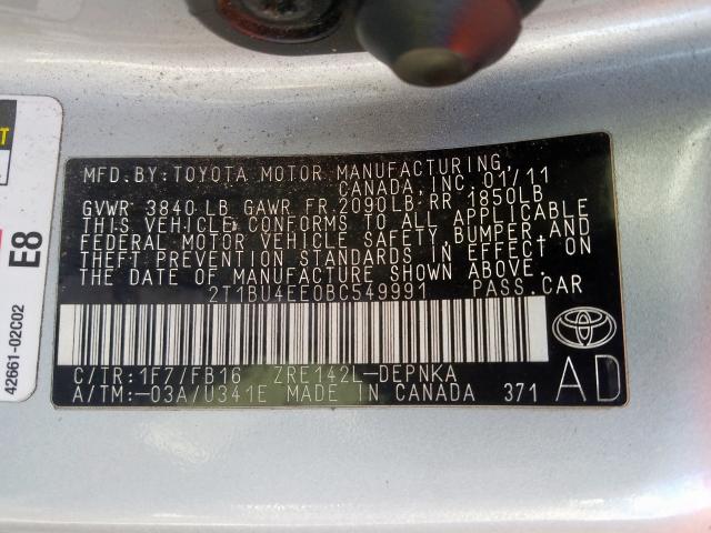 2T1BU4EE0BC549991 - 2011 TOYOTA COROLLA BASE  photo 10