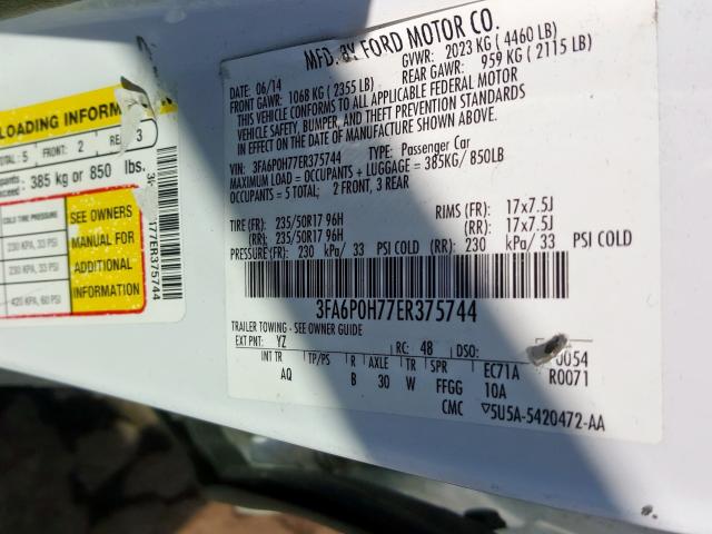 3FA6P0H77ER375744 - 2014 FORD FUSION SE  photo 10