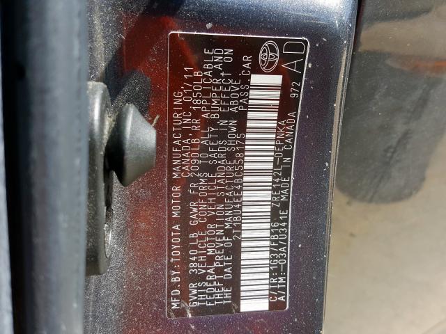 2T1BU4EE4BC558175 - 2011 TOYOTA COROLLA BASE  照片 10