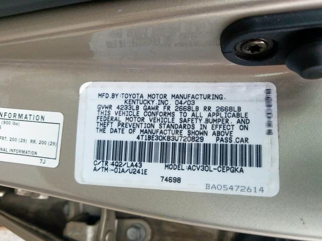 4T1BE30K83U720829 - 2003 TOYOTA CAMRY LE  photo 10