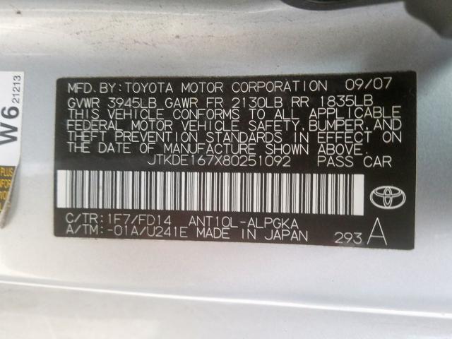 JTKDE167X80251092 - 2008 TOYOTA SCION TC  ფოტო 10