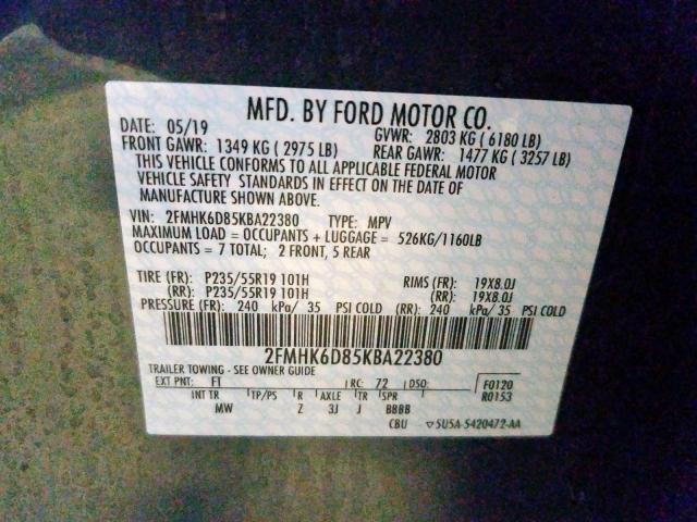 2FMHK6D85KBA22380 - 2019 FORD FLEX LIMITED  photo 10