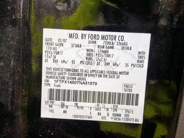 1FTPX14507NA51579 - 2007 FORD F150  photo 10