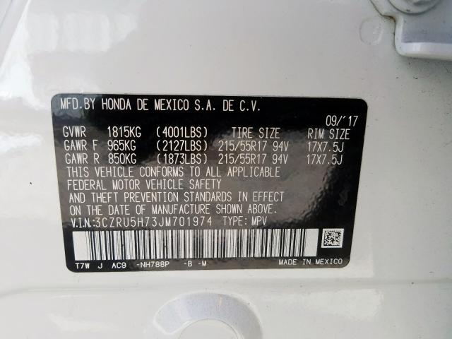 3CZRU5H73JM701974 - 2018 HONDA HR-V EXL  photo 10