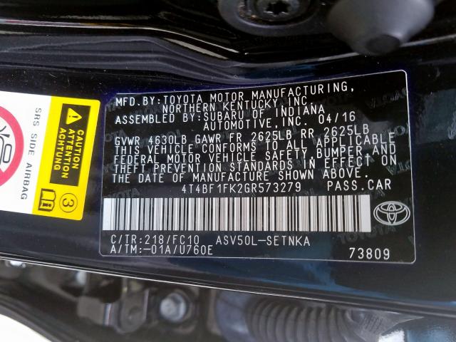 4T4BF1FK2GR573279 - 2016 TOYOTA CAMRY LE  photo 10