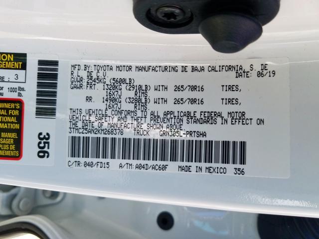 3TMCZ5AN2KM268378 - 2019 TOYOTA TACOMA DOUBLE CAB  照片 10