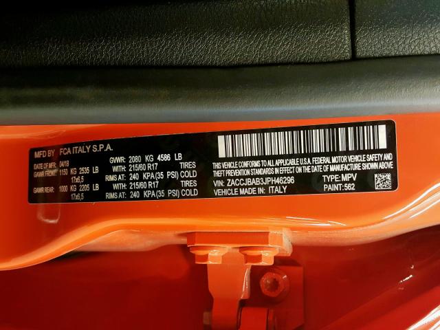 ZACCJBAB3JPH46296 - 2018 JEEP RENEGADE SPORT  լուսանկար 10