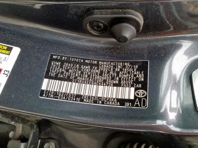 2T1BU4EE6AC444726 - 2010 TOYOTA COROLLA BASE  photo 10