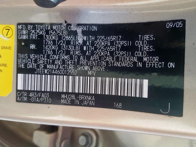 JTEEW21A460012552 - 2006 TOYOTA HIGHLANDER HYBRID  photo 10