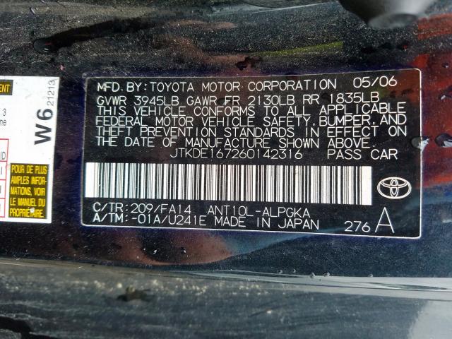 JTKDE167260142316 - 2006 TOYOTA SCION TC  photo 10