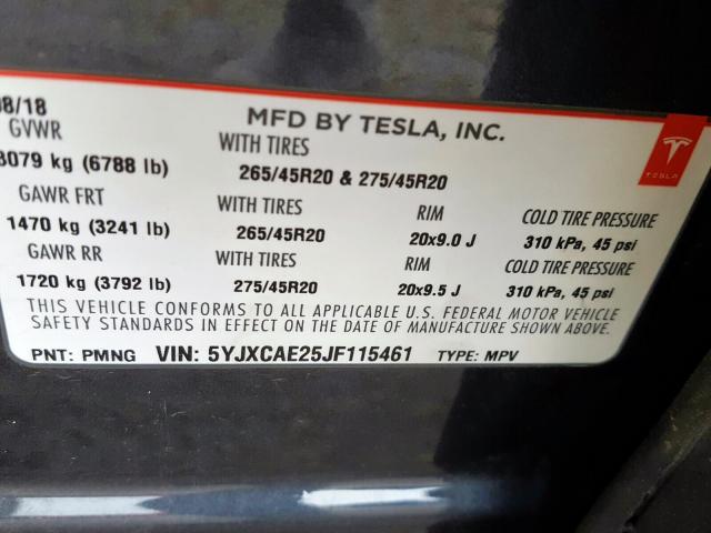 5YJXCAE25JF115461 - 2018 TESLA MODEL X  photo 10