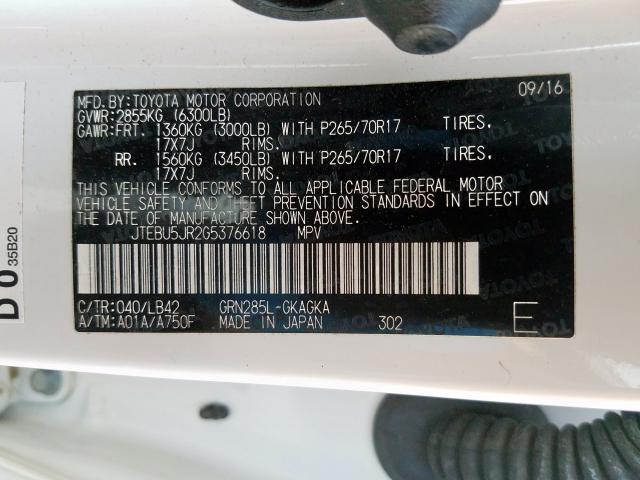 JTEBU5JR2G5376618 - 2016 TOYOTA 4RUNNER SR5/SR5 PREMIUM  照片 10