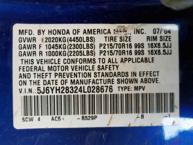 5J6YH28324L028676 - 2004 HONDA ELEMENT LX  photo 10