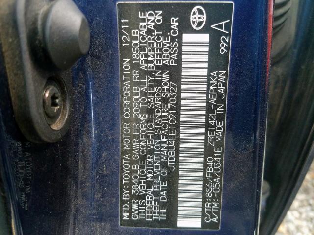 JTDBU4EE1C9170327 - 2012 TOYOTA COROLLA BASE  photo 10