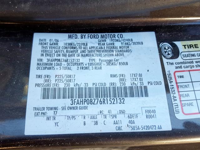 3FAHP08Z76R152132 - 2006 FORD FUSION SEL  photo 10