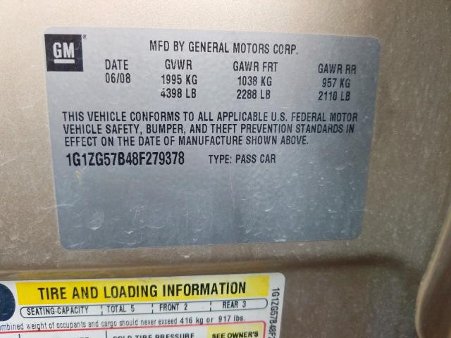 1G1ZG57B48F279378 - 2008 CHEVROLET MALIBU LS  photo 10