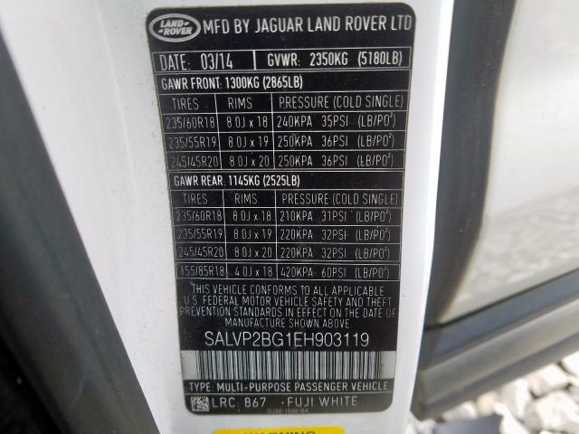 SALVP2BG1EH903119 - 2014 LAND ROVER RANGE ROVER EVOQUE PURE PLUS  photo 10