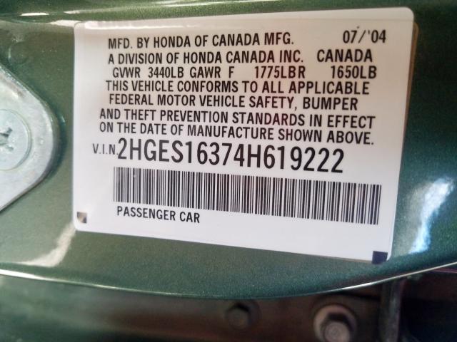 2HGES16374H619222 - 2004 HONDA CIVIC DX VP  photo 10