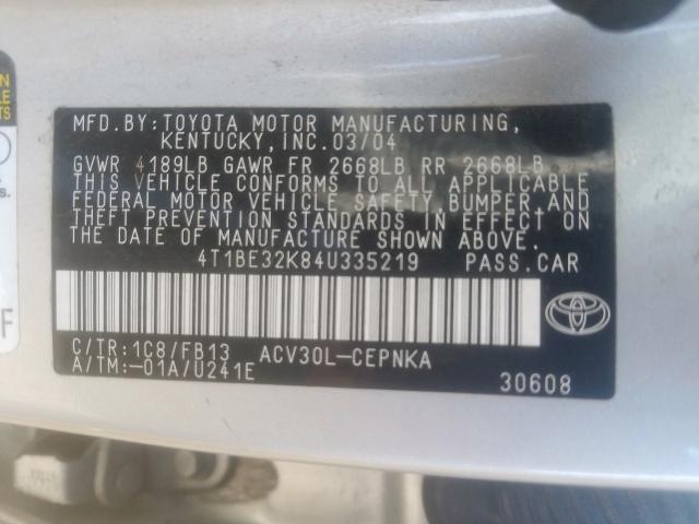 4T1BE32K84U335219 - 2004 TOYOTA CAMRY LE  photo 10