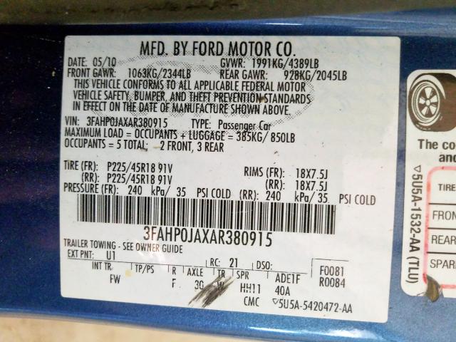 3FAHP0JAXAR380915 - 2010 FORD FUSION SEL  photo 10