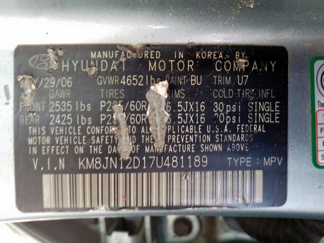 KM8JN12D17U481189 - 2007 HYUNDAI TUCSON SE  photo 10