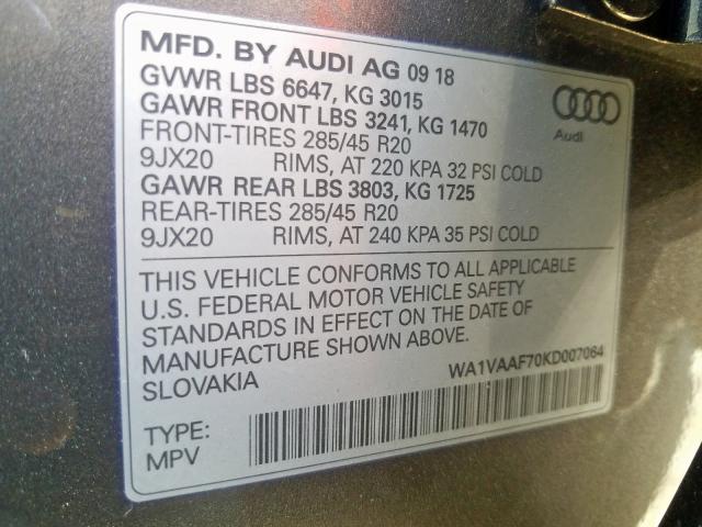 WA1VAAF70KD007064 - 2019 AUDI Q7 PRESTIGE  photo 10