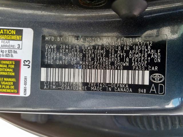 2T1BU4EE6DC989748 - 2013 TOYOTA COROLLA BASE  照片 10