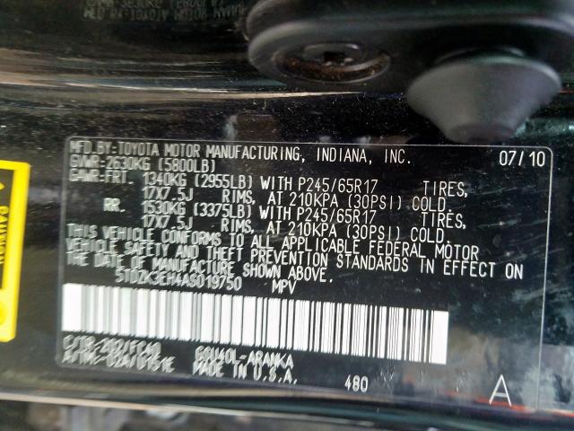 5TDZK3EH4AS019750 - 2010 TOYOTA HIGHLANDER  photo 10