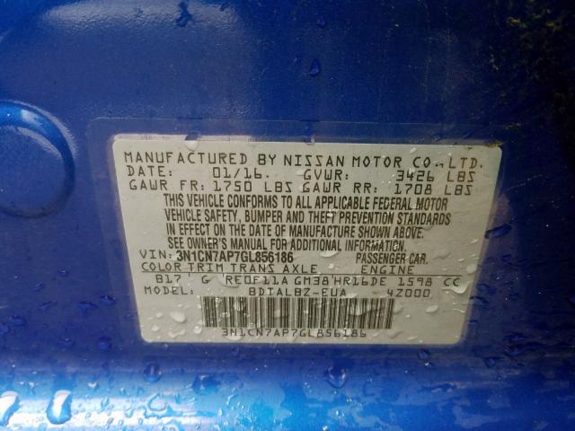 3N1CN7AP7GL856186 - 2016 NISSAN VERSA S  photo 10