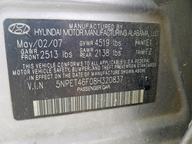 5NPET46F08H320837 - 2008 HYUNDAI SONATA GLS  photo 10