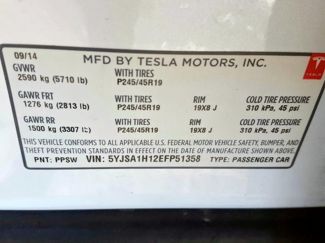 5YJSA1H12EFP51358 - 2014 TESLA MODEL S  foto 10
