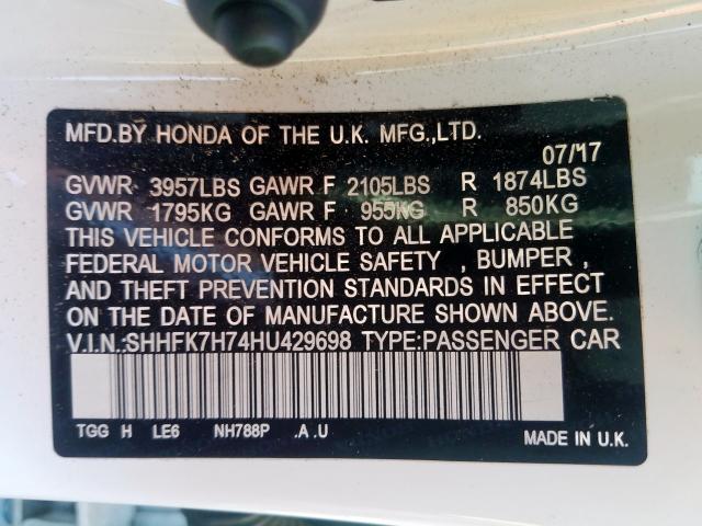 SHHFK7H74HU429698 - 2017 HONDA CIVIC EXL  照片 10