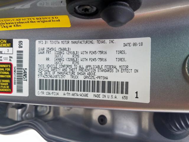 5TFAZ5CN0JX071397 - 2018 TOYOTA TACOMA DOUBLE CAB  照片 10