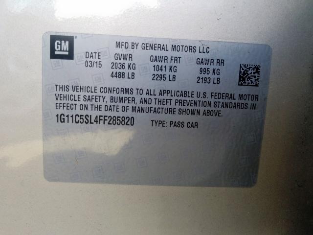 1G11C5SL4FF285820 - 2015 CHEVROLET MALIBU 1LT  照片 10