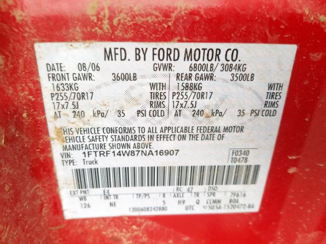 1FTRF14W87NA16907 - 2007 FORD F150  photo 10