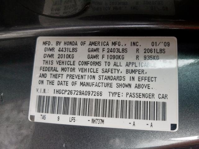 1HGCP26729A097266 - 2009 HONDA ACCORD EX  photo 10