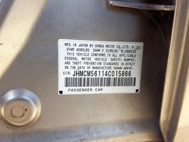 JHMCM56114C015866 - 2004 HONDA ACCORD DX  photo 10