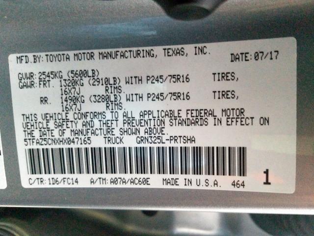 5TFAZ5CNXHX047165 - 2017 TOYOTA TACOMA DOUBLE CAB  照片 10