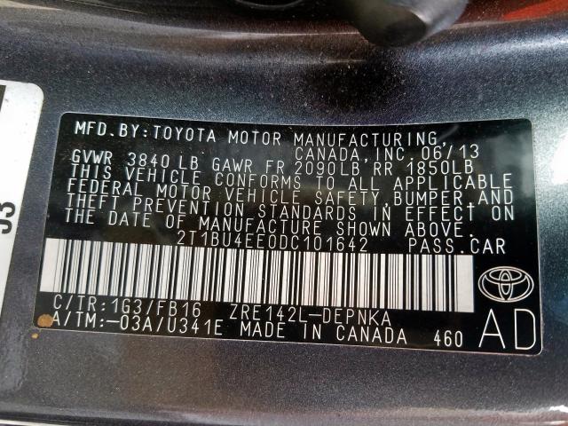 2T1BU4EE0DC101642 - 2013 TOYOTA COROLLA BASE  photo 10