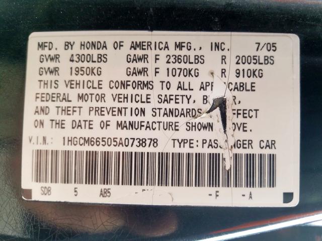 1HGCM66505A073878 - 2005 HONDA ACCORD EX  photo 10