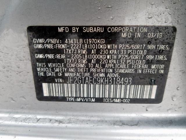 JF2GTAEC9KH318493 - 2019 SUBARU CROSSTREK PREMIUM  foto 10