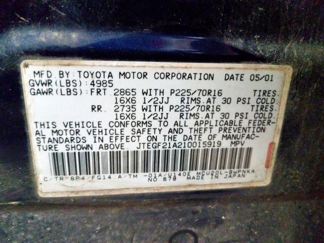 JTEGF21A210015919 - 2001 TOYOTA HIGHLANDER  photo 10