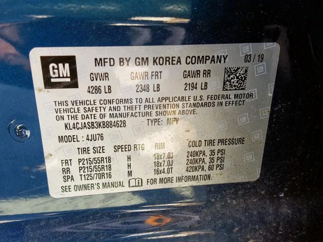 KL4CJASB3KB884628 - 2019 BUICK ENCORE PREFERRED  фото 10