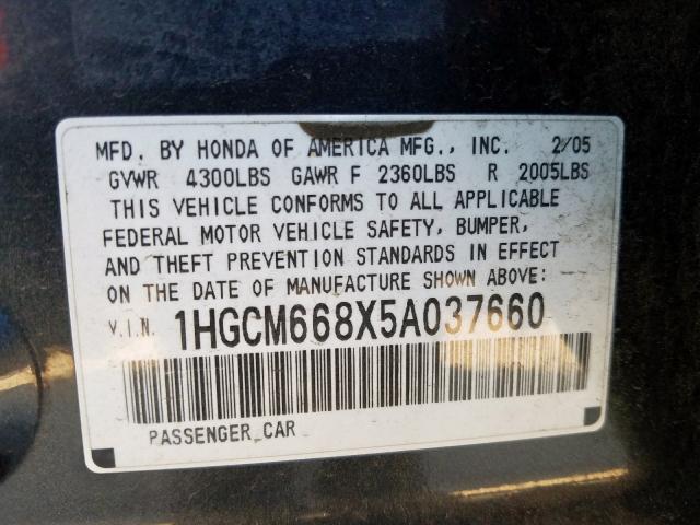 1HGCM668X5A037660 - 2005 HONDA ACCORD EX  photo 10