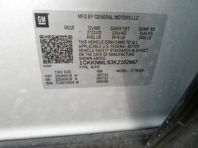 1GKKNMLS3KZ102667 - 2019 GMC ACADIA SLT-1  photo 10