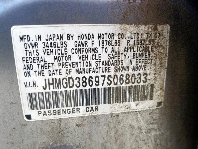 JHMGD38697S068033 - 2007 HONDA FIT S  ფოტო 10